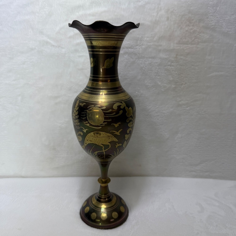 VTG Iridescent Brass Vase Etched Heron Floral Scalloped Rim Pedestal‎ 12 inch